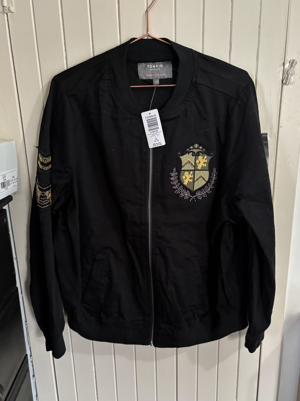 torrid Black Bomber Jacket with Gold Crest Embroidery